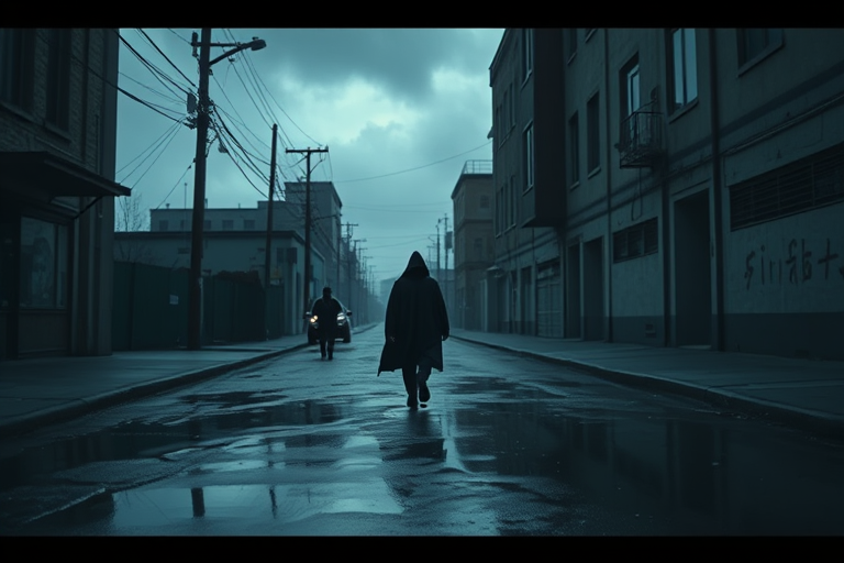 a lone figure in a hooded cloak walking down a desolate, shadowy street with puddles reflecting the gray sky, urban decay, cinematic lighting, shot with a DSLR camera, aperture f/2.8, ISO 200, 35mm lens, focused on the figure with a shallow depth of field for dramatic effect, moody atmosphere, overcast sky