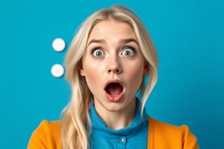 Create a high-resolution digital illustration of a surprised young blonde woman with an open mouth and a thought bubble, using a vibrant blue background, captured from a front-facing view simulating a Canon EOS 5D Mark IV with a 50mm lens, aperture set to f/2.8 for a soft background, and a slight vignette effect for added depth.