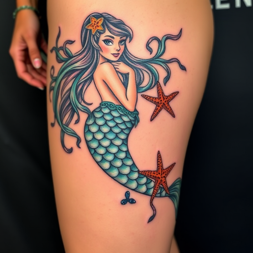 Neo-traditional mermaid tattoo on thigh, scales shimmering with iridescent blues and greens, long flowing hair intertwined with seaweed and starfish