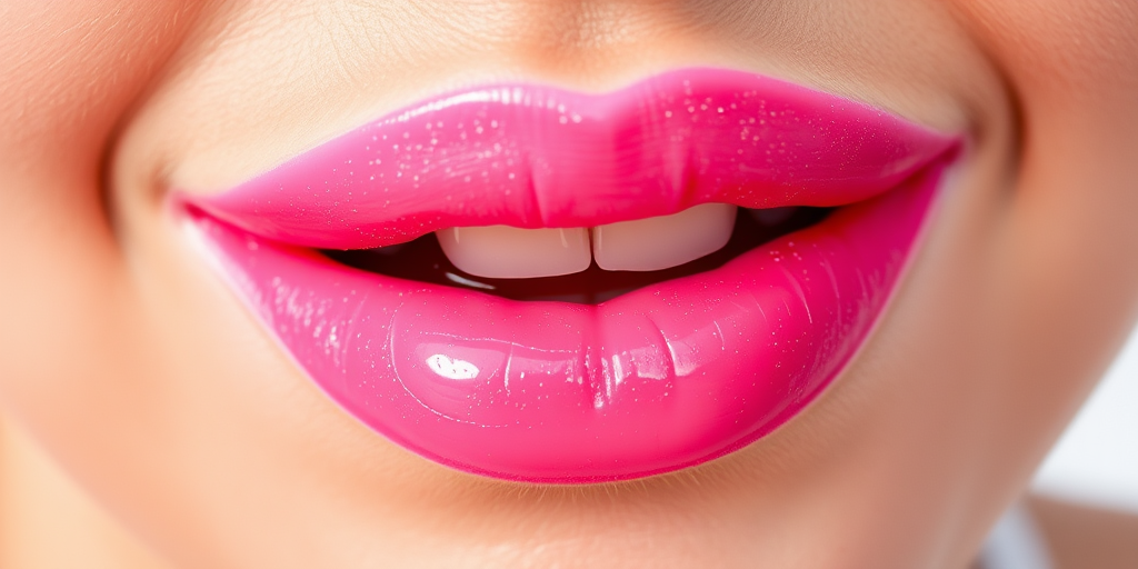 Glossy bubblegum pink lips with a hint of sparkle, youthful and fun, reminiscent of sweet treats and carefree summer days
