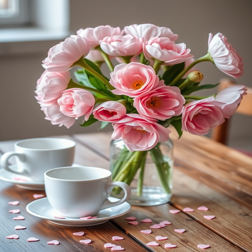 a bouquet of soft pink ranunculus flowers in a clear glass vase on a wooden table, with two white coffee cups and scattered heart-shaped confetti, natural light, f/2.8 aperture, 50mm lens, shallow depth of field, soft focus background, DSLR camera