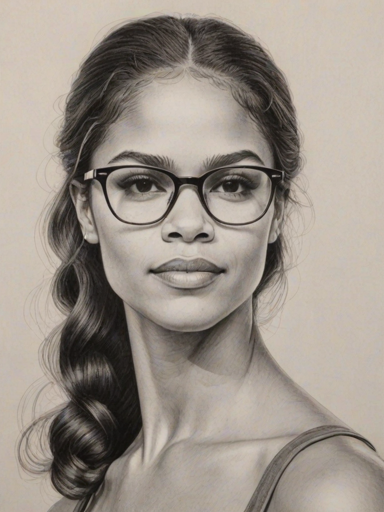 Pleasing Misty Copeland, pencil sketch, portrait of Resplendent woman 1963s in glasses, hair style beatnik, outline, clear lines, fine lines, 8k