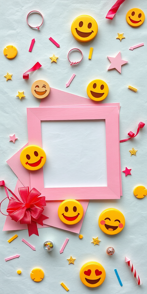 Create a vibrant, playful digital collage featuring a whimsical background with textured paper layers, cheerful emojis scattered throughout, and festive decorations like ribbons and arrows, captured with a DSLR camera at f/2.8 aperture, ISO 100, and a 50mm lens, using a top-down perspective for a dynamic composition.