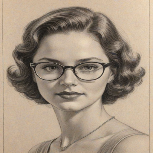 Radiant Shay Rudolph, pencil sketch, portrait of Resplendent woman 1931s in glasses, hair style beatnik, outline, clear lines, fine lines, 8k