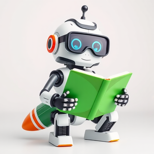 Create an image of a cartoon robot with glasses reading a green book, positioned with a rocket booster for legs, vibrant colors, high-resolution with a clean background, using a digital camera with 50mm lens, f/2.8 aperture, ISO 100, and soft natural lighting to enhance clarity and detail.