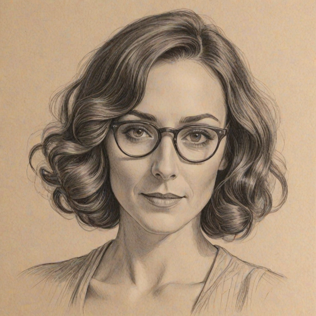 Charming Laura Benanti, pencil sketch, portrait of Delightful woman 1923s in glasses, hair style beatnik, outline, clear lines, fine lines, 8k