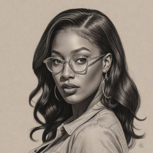 Fetching Megan Thee Stallion, pencil sketch, portrait of Gorgeous woman 1934s in glasses, hair style beatnik, outline, clear lines, fine lines, 8k