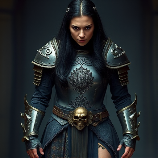 Create a photo of a fierce Sami female warrior with long black hair, wearing an ornate, metallic armor. The armor includes a breastplate with intricate designs, shoulder guards, and gauntlets. The breastplate is decorated with a central emblem, possibly representing a mythical symbol, and has a sculpted, form-fitting design. She wears a belt with a large skull ornament at the center, and her armor extends into a partial skirt, revealing one leg. The overall look is both protective and stylish, with a dark, gothic aesthetic. The background is dimly lit, suggesting a medieval or fantasy setting, enhancing the warrior's imposing presence and intense expression.