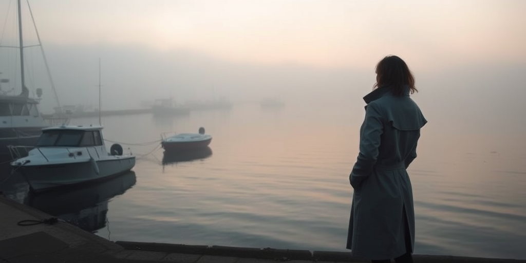Fog-shrouded harbor at dawn, boats tied to the dock barely visible through the mist, a woman in a trench coat stands at the water's edge, looking out over the calm, gray sea.