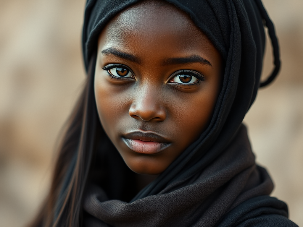 Create a portrait of a young African American female with long, dark hair and captivating hazel eyes. She is wearing a black headscarf and a matching scarf draped gracefully around her neck. The background is softly blurred, focusing attention on her serene and natural expression. The overall color palette is muted and warm, enhancing the intimate and authentic feel of the portrait.