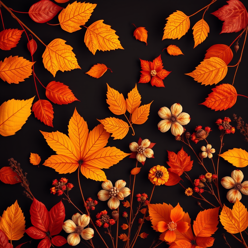 Create a vibrant digital illustration of abstract leaves and flowers in warm autumn colors on a dark background, using a DSLR camera with a 50mm lens, aperture f/2.8, ISO 100, in a top-down view, with a soft focus style to enhance depth and texture.