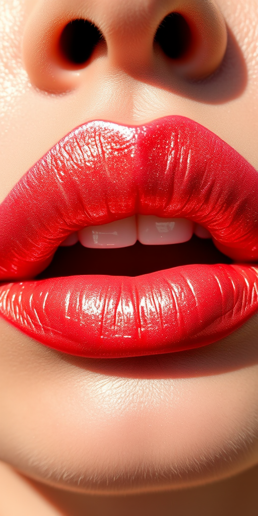Shimmering coral lips with a metallic sheen, reflecting light beautifully and creating dimension, photographed in natural sunlight to showcase the iridescent finish