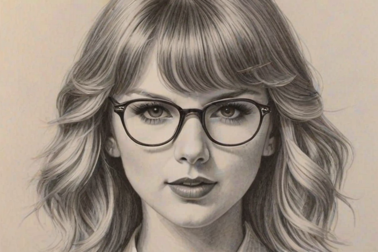 Superb Taylor Swift, pencil sketch, portrait of Bewitching woman 1973s in glasses, hair style beatnik, outline, clear lines, fine lines, 8k