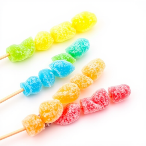 Four colorful rock candy skewers in green, yellow, blue, and pink arranged diagonally on a white background, taken with a Canon EOS R5, 50mm lens, f/2.8 aperture, 1/200 sec shutter speed, ISO 100, natural light, and shallow depth of field for enhanced clarity and detail.