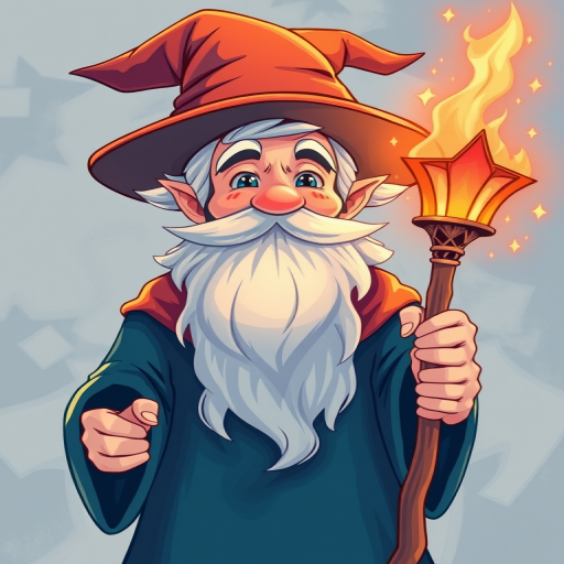 Create a vibrant, high-quality illustration of a cheerful wizard holding a magical staff, soft lighting, 50mm lens, f/1.8 aperture, ISO 100, shot from eye level using a digital mirrorless camera.