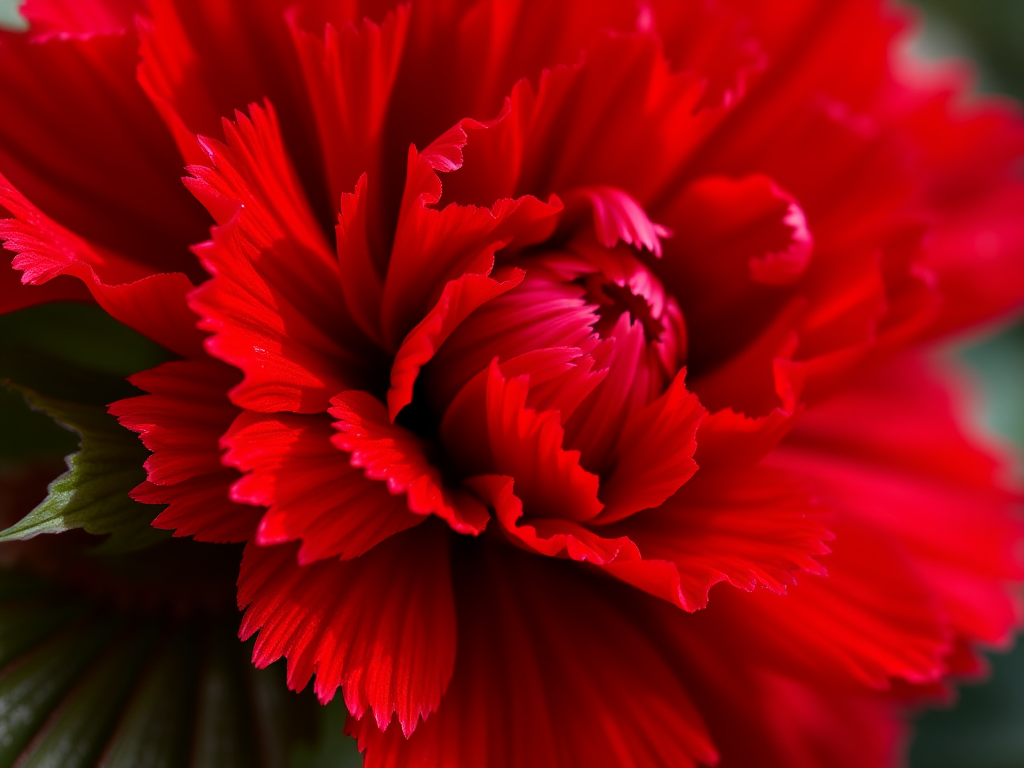 Capture an ultra-detailed close-up of a vibrant red carnation with deep green leaves, using a DSLR camera with a 100mm macro lens, aperture set to f/2.8 for a blurred background, shutter speed at 1/250 sec, and ISO 100 to enhance color saturation and clarity.