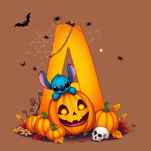 A whimsical and vibrant Halloween-themed digital illustration featuring the letter 'A' adorned with spider webs, small bats, and cute spiders. At the base of the letter, a playful alien character similar to Stitch is peeking out from inside a carved pumpkin with glowing eyes, surrounded by additional pumpkins, a small skull, and autumn leaves. The letter is gradient-colored from orange to purple, adding a magical atmosphere to the scene.