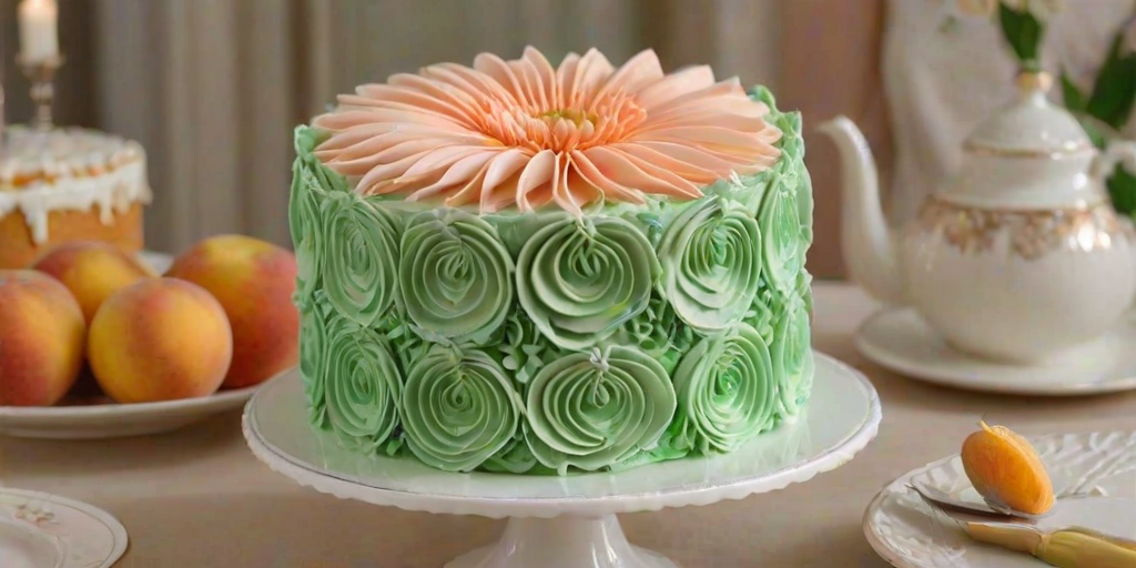 Create an image of a beautifully decorated cake with layers, featuring intricate frosting designs resembling flower petals. The cake should have a soft peach color, with a light cream base and green accents. Include a few slices of the cake on elegant plates in the background, showcasing the layers and frosting. The setting should be bright and inviting, highlighting the cake's details.