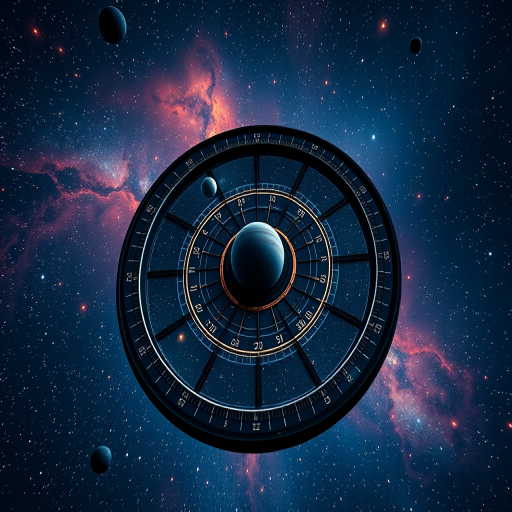A cosmic celestial wheel with planets and stars, vibrant nebula background, 50mm lens, f/8 aperture, ISO 100, shot from a low angle perspective with a digital SLR camera.