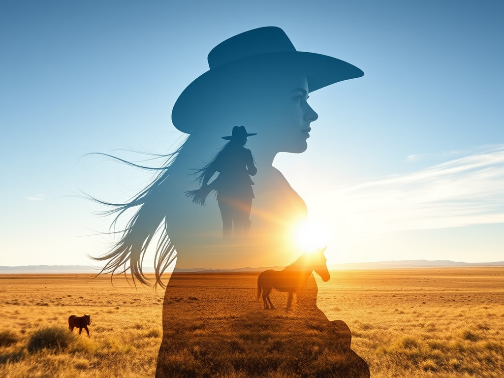 "Create a Double exposure", a silhouette "profile portrait of a young cowgirl" with long hair "superimposed" against a long shot of a cowgirl riding a horse across the plains, fantastic view, 32k, cinematic, hyper-realistic.