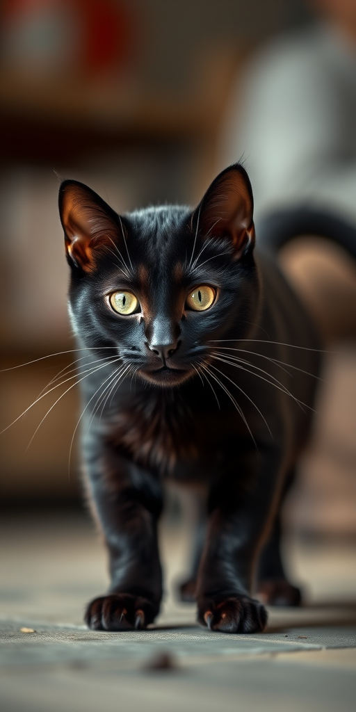 Create a high-resolution image of a stylized black cat, using a 50mm lens at f/1.8, ISO 200, with a shallow depth of field, shot from a low angle with a soft focus background, using a full-frame DSLR camera.