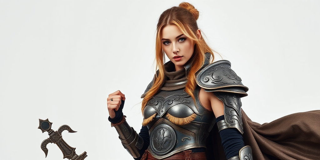 Generate an image of a female warrior in a fantasy outfit, featuring ornate armor, a flowing cloak, and a confident expression, shot with a DSLR camera at 50mm lens, f/1.8 aperture, ISO 100, natural light, in a studio setting with a clean background.