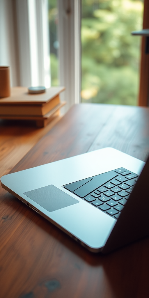 Create a high-resolution image of a laptop on a wooden desk, viewed from a slightly elevated angle, using a 50mm lens at f/1.8 aperture, ISO 100, with soft natural lighting to enhance details and reduce shadows.