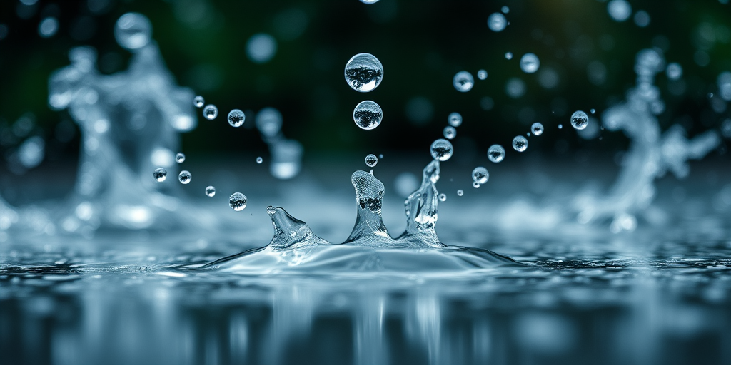 high-speed photography of water droplets splashing on the surface, 50mm lens, f/2.8 aperture, ISO 100, shutter speed 1/1000s, low-angle view, natural lighting, DSLR camera