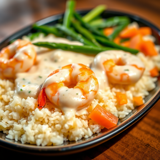 Close-up shot of a plate of shrimp with creamy sauce on a bed of fluffy white rice, garnished with green beans and diced carrots, natural lighting, aperture f/2.8, ISO 200, shutter speed 1/125s, DSLR camera, shallow depth of field.