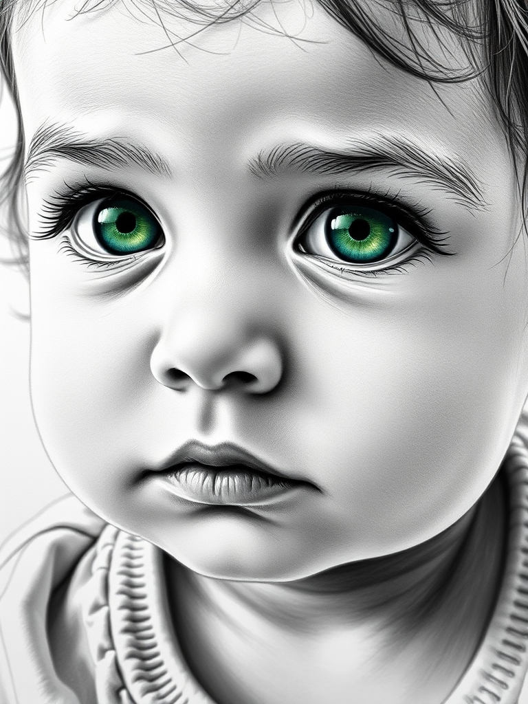 A hyperdetailed photorealistic black and white sketch of a beautiful toddler with deep green eyes, with a macro focus