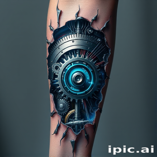 Realistic 3D biomechanical tattoo, "Cybernetic Fusion," blending hyper-realistic skin tears revealing metallic gears, wires, and circuitry underneath, with subtle color accents in electric blue and neon green, creating an illusion of depth and dimension on the forearm or leg