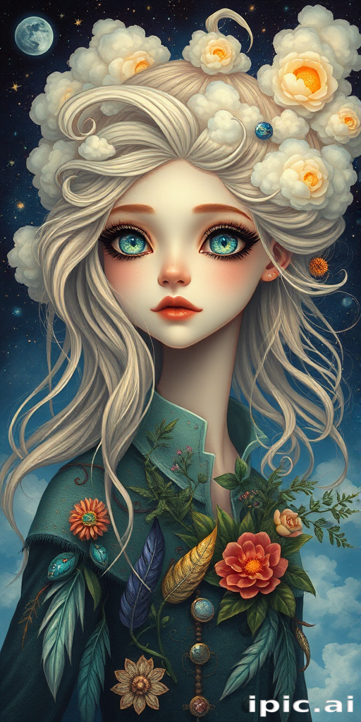 Create a series of imaginative portraits where each subject is infused with elements of fantasy and nature. The hair of the individuals should flow like clouds, varying from soft, fluffy cumulus to wispy cirrus strands, with hints of color reflecting a sunset or a clear blue sky. The eyes should be windows to entire galaxies, with stars, nebulae, and distant planets visible within them. Clothing should be adorned with nature motifs, such as floral patterns that bloom and change, vines that seem to grow and wrap around, or feathers that shimmer with iridescence. Each portrait should capture a unique personality, blending human features with the ethereal beauty of the natural and cosmic world. The backgrounds can vary, from starry night skies to enchanted forests, adding depth and context to the magical realism of the portraits