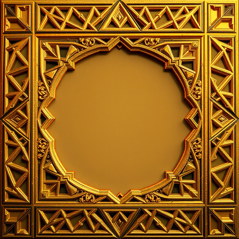 create an ornate frame with triangular patterns in a golden hue, high resolution, shot with a Canon EOS R5, 50mm lens, f/1.8 aperture, 1/160 sec shutter speed, soft lighting.