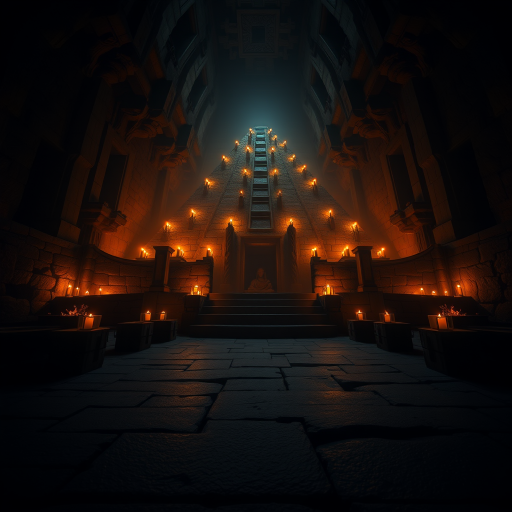 create a high-resolution image of a dark, atmospheric pyramid temple with glowing candles, using a DSLR camera with a 24mm lens, f/2.8 aperture, ISO 200, and a low-angle perspective to enhance depth and detail.