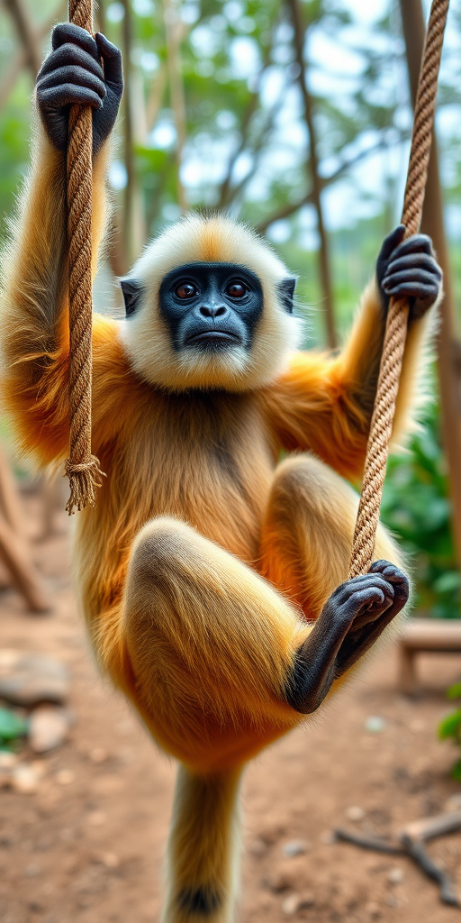 Capture a high-resolution image of a gibbon swinging on a rope in a natural environment, using a DSLR camera with a 200mm lens, aperture set to f/4, ISO 400, shutter speed 1/1000s, at eye level to focus on the gibbon's expressive face and dynamic pose.