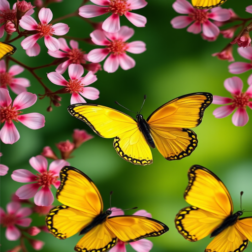 generate a high-resolution repeating pattern of yellow butterflies and pink flowers on a green background, use a DSLR camera with a 50mm f/1.8 lens, aperture set to f/8, ISO 100, shot in macro mode for intricate details, use a soft natural light to enhance colors and textures
