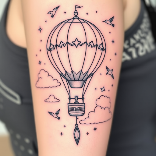 Illustrative fine line tattoo called "Whimsical Wanderlust" showcasing a detailed hot air balloon floating among clouds, birds, and celestial elements with thin, precise lines