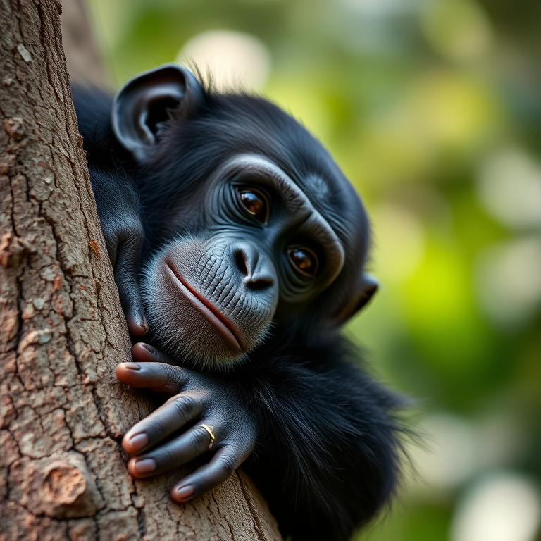 Close-up of a resting chimpanzee on a tree trunk, shallow depth of field, soft natural light, 85mm lens, ISO 200, f/2.8, 1/500s, DSLR camera, portrait orientation, high resolution.