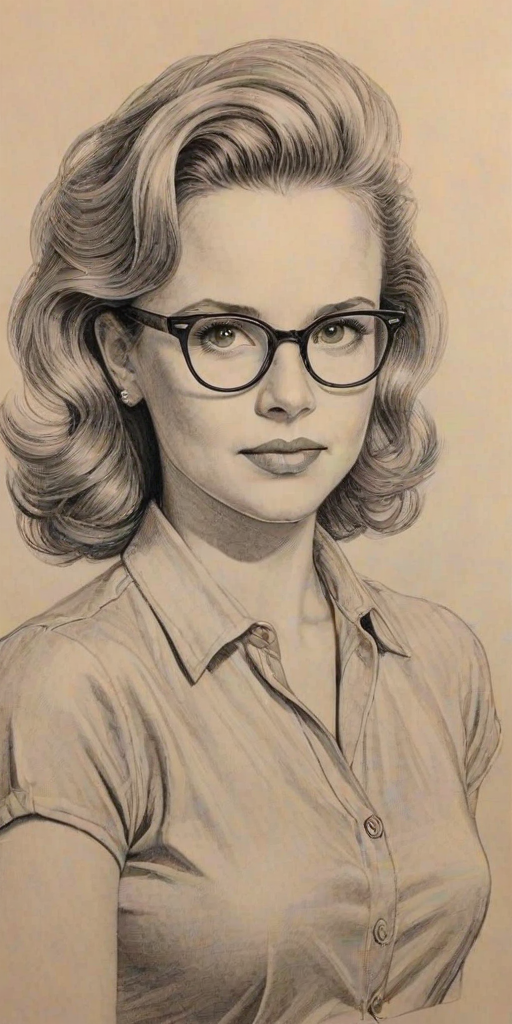 Magnificent Andrea Barber, pencil sketch, portrait of Comely woman 1949s in glasses, hair style beatnik, outline, clear lines, fine lines, 8k