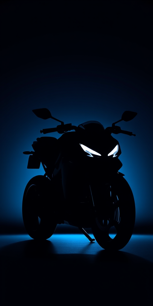 Create a high-resolution silhouette of a futuristic motorcycle on a gradient dark blue to black background, shot with a Canon EOS R5, 50mm lens, f/2.8 aperture, ISO 100, and soft natural lighting to enhance the contours and sleek design.