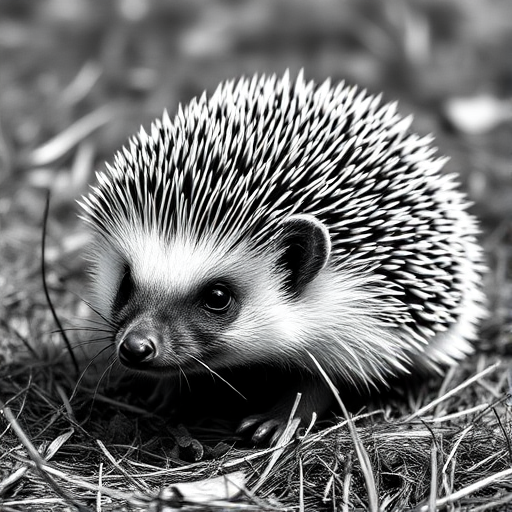 Create a high-resolution black and white illustration of a hedgehog in a natural setting, using a DSLR camera with a 50mm lens, aperture set to f/2.8, ISO 100, in soft diffused lighting and a shallow depth of field for enhanced detail and texture.