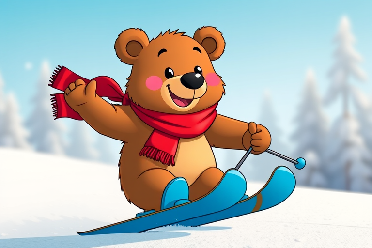 Create an image of a cheerful cartoon bear skiing on blue skis, wearing a red scarf, shot with a DSLR camera at f/5.6, ISO 200, 1/250 sec, in a bright, colorful style with a clear background and dynamic pose.