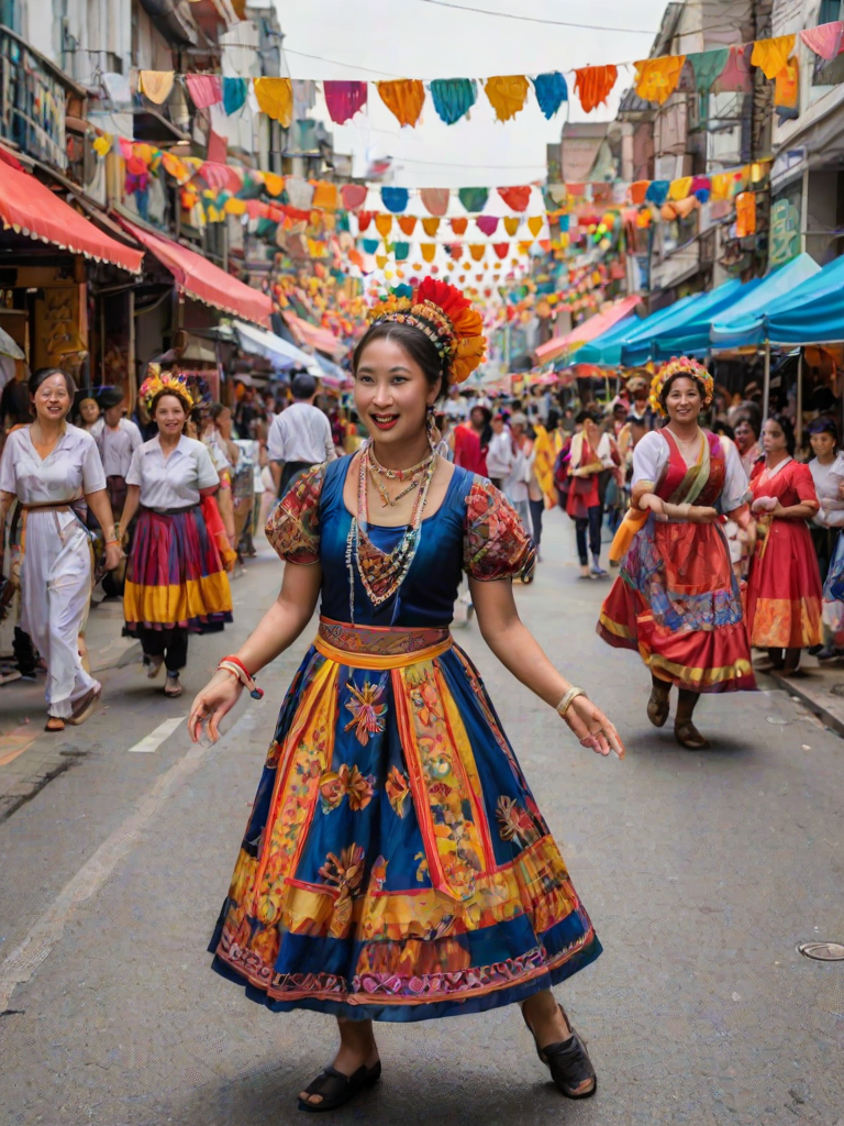 Lively street festival, featuring performers showcasing traditional dances, colorful food stalls, and families enjoying various activities, with vibrant decorations adorning the streets.