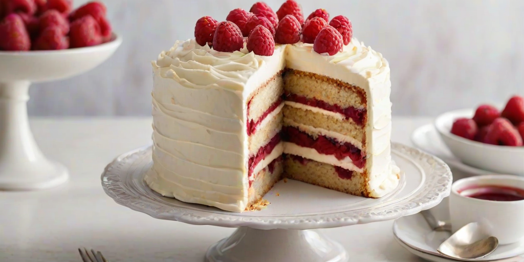 Create an image of a multi-layered cake with a light, fluffy texture. The cake should have layers filled with raspberry jam and a creamy frosting on top. Decorate the cake with fresh raspberries and sliced almonds on the sides, showcasing the colorful layers and a smooth finish. The background should be simple and neutral to highlight the cake.