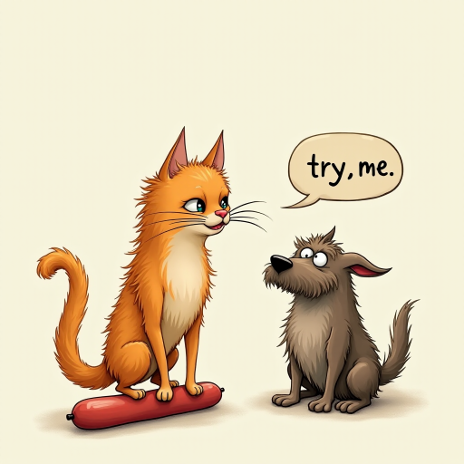 caricature of a silly whimsical fluffy cat with a mean look she has one foot on a sausage and is looking at an old scraggly big dog the cat has a thought bubble above her head that says “try,me"