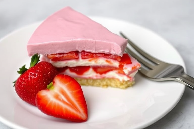 A slice of layered strawberry dessert with a pink whipped topping sitting on a white plate next to a fresh strawberry and a fork with a bite taken out of the slice, soft focus background.