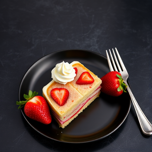 A slice of strawberry cake on a black plate topped with whipped cream and fresh strawberries next to it, with a silver fork on the side, showcasing a dark textured background.