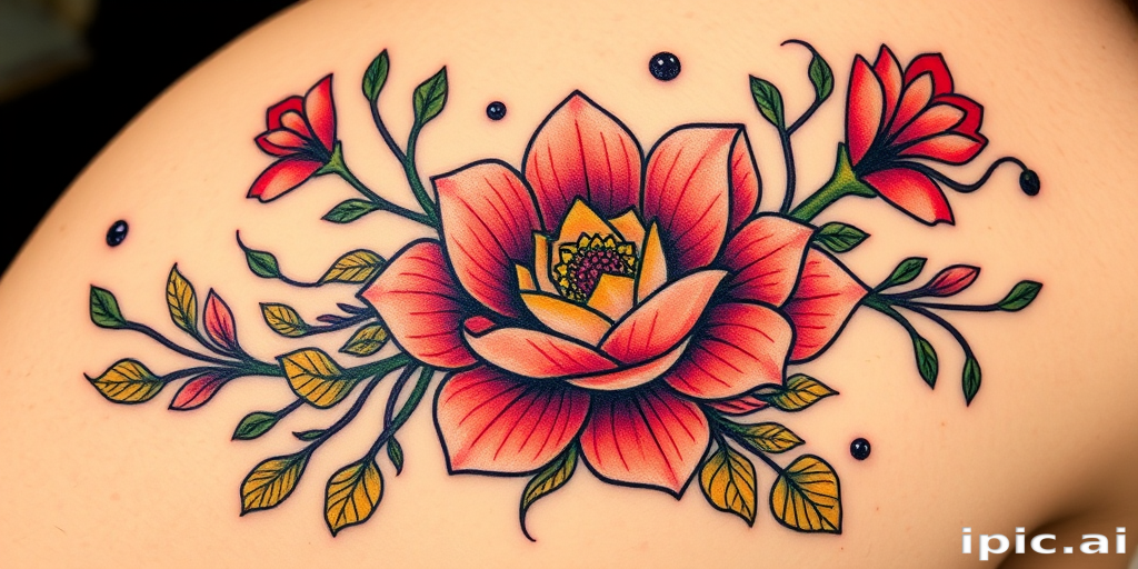 Neo-traditional tattoo titled "Enchanted Bloom" showcasing a stylized floral arrangement with bold outlines, vivid color gradients, and whimsical decorative elements inspired by Art Nouveau designs