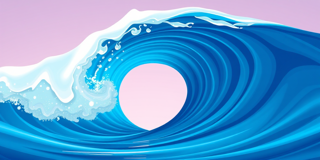 Create a vibrant illustration of a stylized wave with a smooth, glossy texture, using a wide-angle lens with a focal length of 24mm, aperture set to f/8 for maximum depth of field, and a high saturation color profile to enhance the blue tones of the wave.