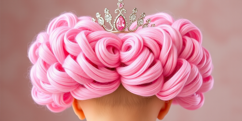 Voluminous cotton candy pink curls shaped into a heart-shaped silhouette, topped with a sparkling tiara for a whimsical princess look called Sugar Plum Fantasy